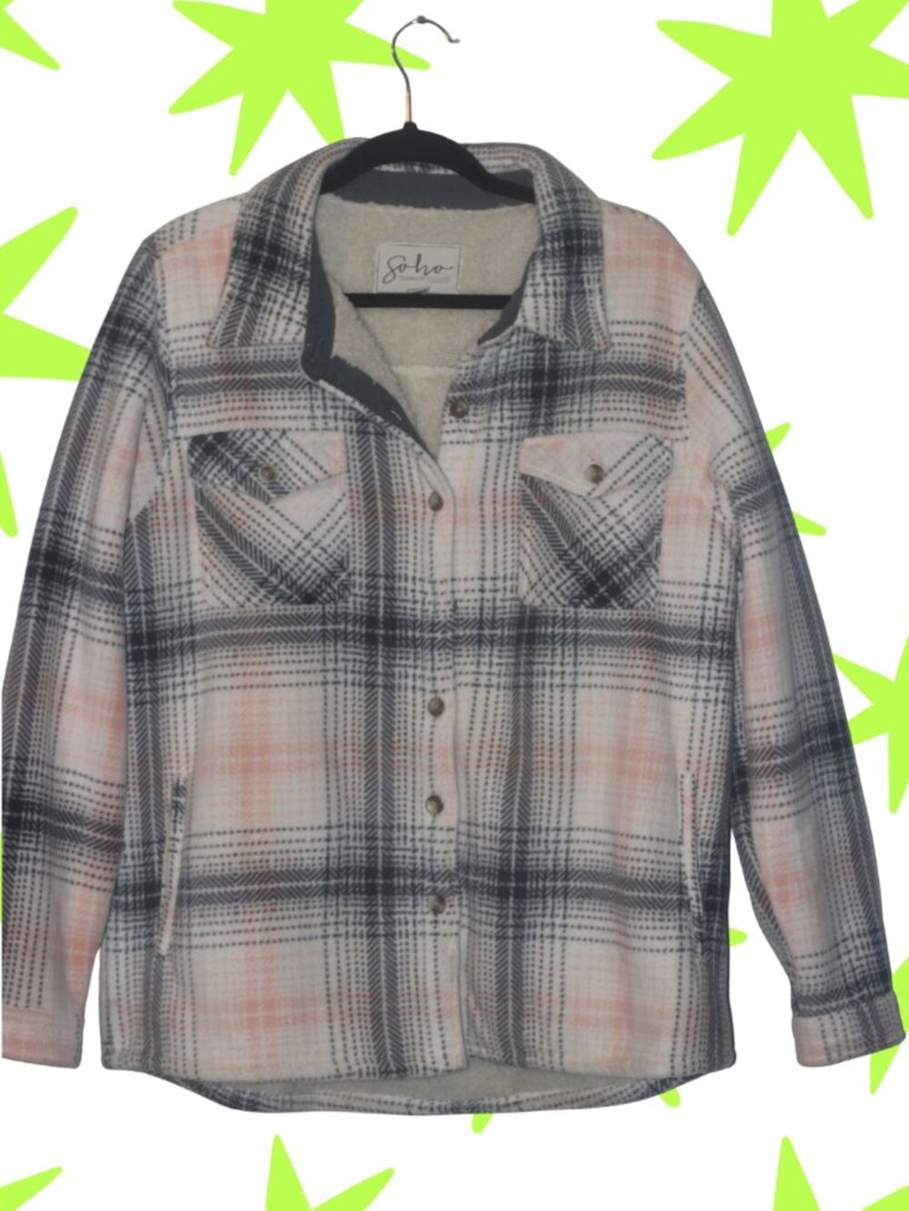 Soho Threads sherpa fleece button up coat flannel XL